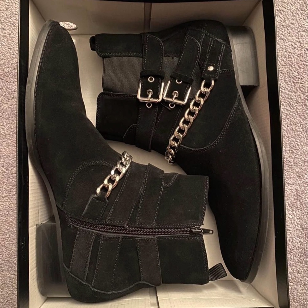 Black Suede Ankle Boots with Chain Detail